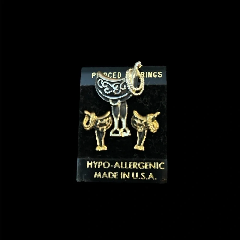 Silver & Gold Tone Horse Saddle Pierced Earrings & Tac Pin Hypo-Allergenic Set - Picture 1 of 4